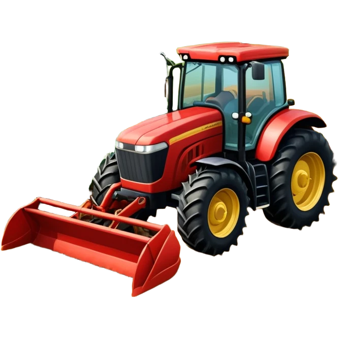 An icon representing a farming simulator, with a detailed tractor plowing fields under a bright sky with bright rural landscape. The design includes farming tools, crops and barns, symbolizing the immersive experience of managing a farm. Transparent background. emoji