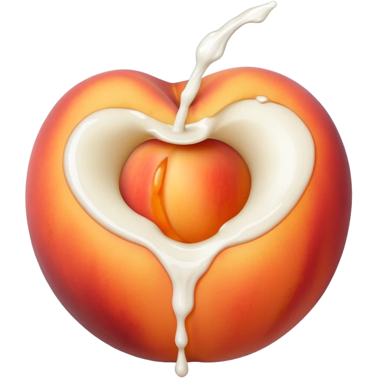 big hole in the middle of a peach. milk is leaking out of the hole emoji
