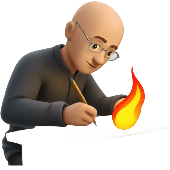 gay bald guy writing with a quill that's on fire emoji