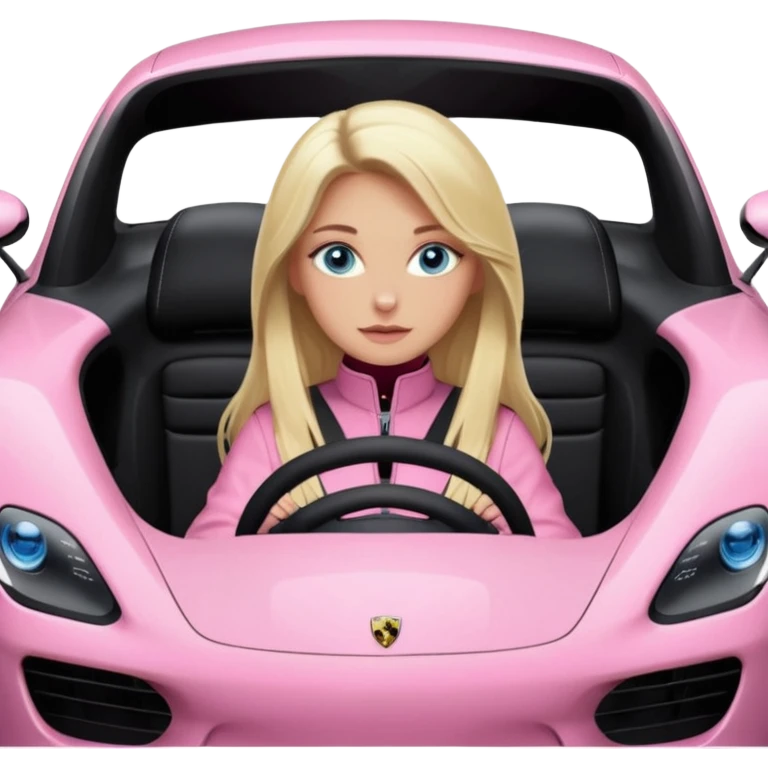 pink Porsche taycan with blonde girl, long hair, blue eyes, sitting inside the car, front view point of view, no sunglasses, sexy emoji
