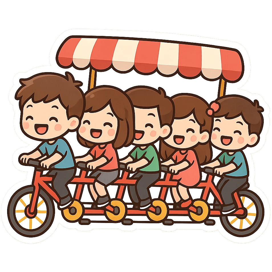 cartoon-style 5-seater bike with exaggerated features and bright colors, all five riders smiling and having fun emoji