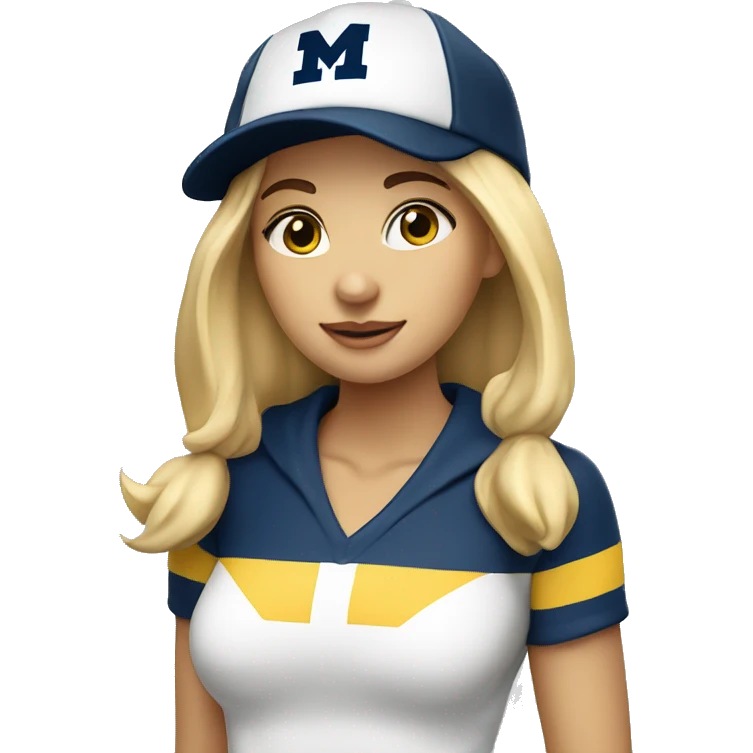 Blonde girl with blue eyes wearing University of Michigan hat emoji