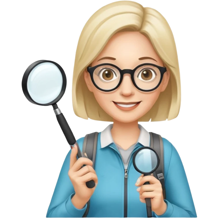 Happy woman in her 40s with glasses, sporty outfit, backpack, holding only one magnifying glass in one hand emoji