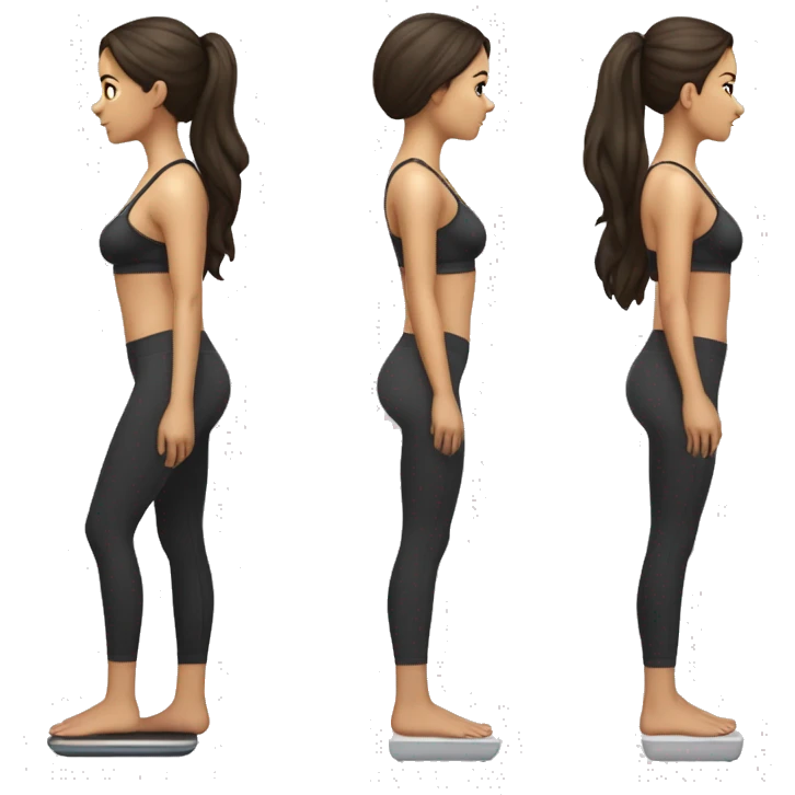Side view of a fit brunette girl standing on a bathroom scale, looking down, wearing black leggings and a sports bra emoji