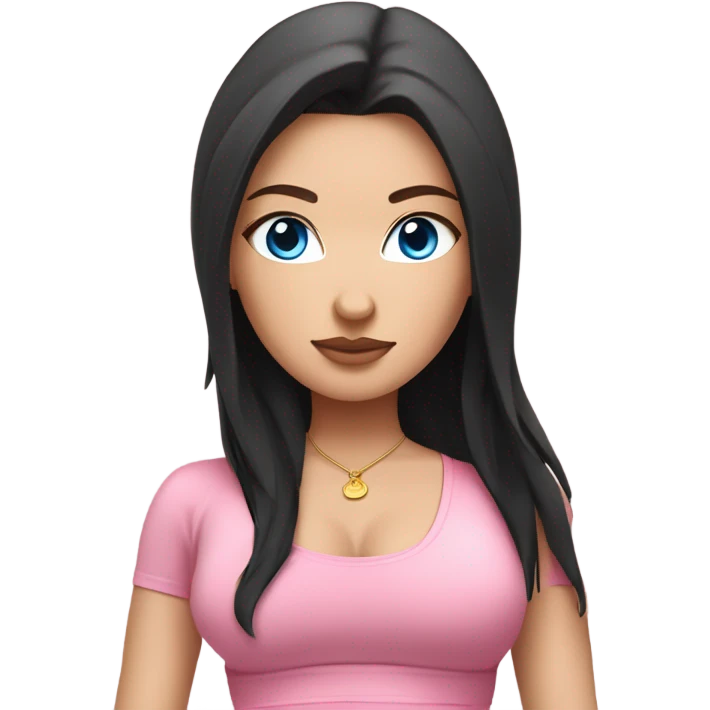 white girl blue eyes with long black hair, sitting in a lotus position, wearing pink bra top and white short skirt emoji