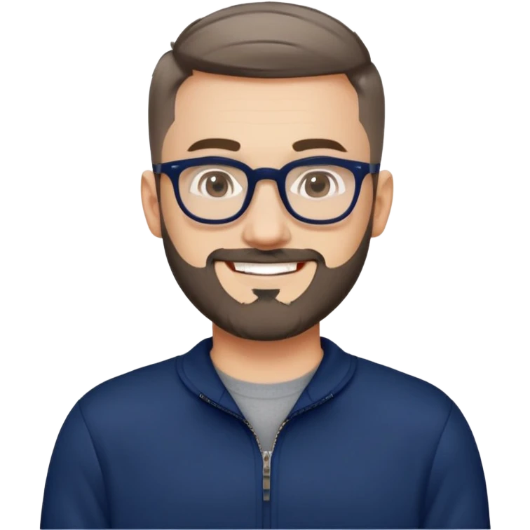 Fair-skinned man with oval face, extremely short tight haircut (very short on top, skin fade on sides), short salt and pepper beard, large black-framed glasses, smiling, wider body type, wearing navy blue long sleeve zip sweatshirt emoji