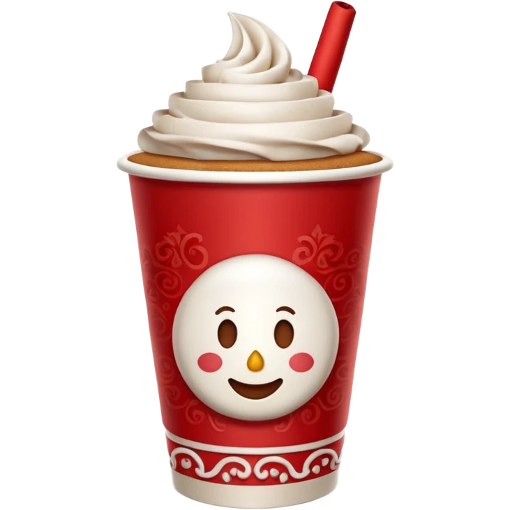 3D emoji of a festive paper cup from the Moscow Red Square Christmas fair. The cup features traditional Russian red and white ornaments. Steam is rising from the top, with a cinnamon stick and a small gingerbread man cookie peeking out. Glossy paper texture, soft 3D render, emoji