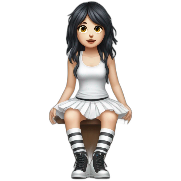 Hyperrealistic Frontal view curvy emo girl sits white skirt striped stockings hands up emoji
