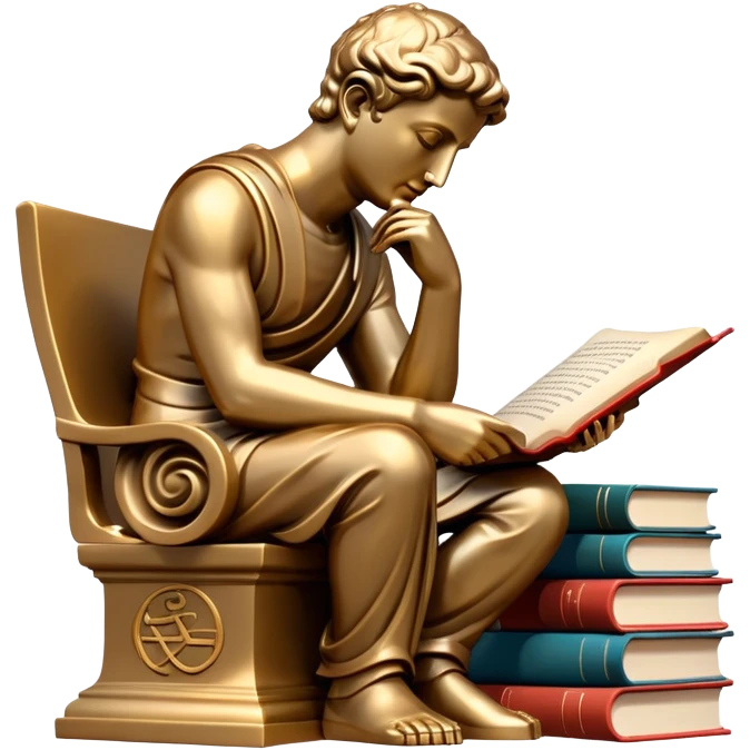 An icon featuring a thinker statue, a scroll, symbolizing philosophy. The design includes books and abstract symbols representing deep thought and wisdom. Transparent background highlights the study of ideas, logic, and existential questions emoji