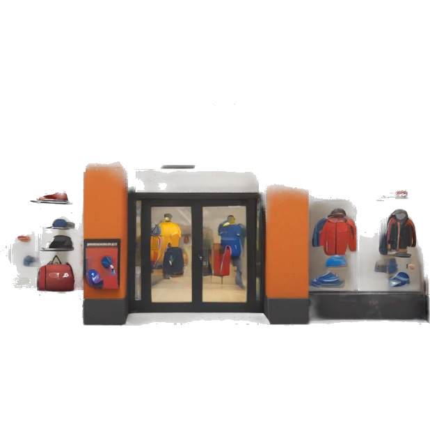“Sports store exterior with a sleek design, large windows displaying athletic gear, bold signage, and an inviting entrance with modern doors.” emoji