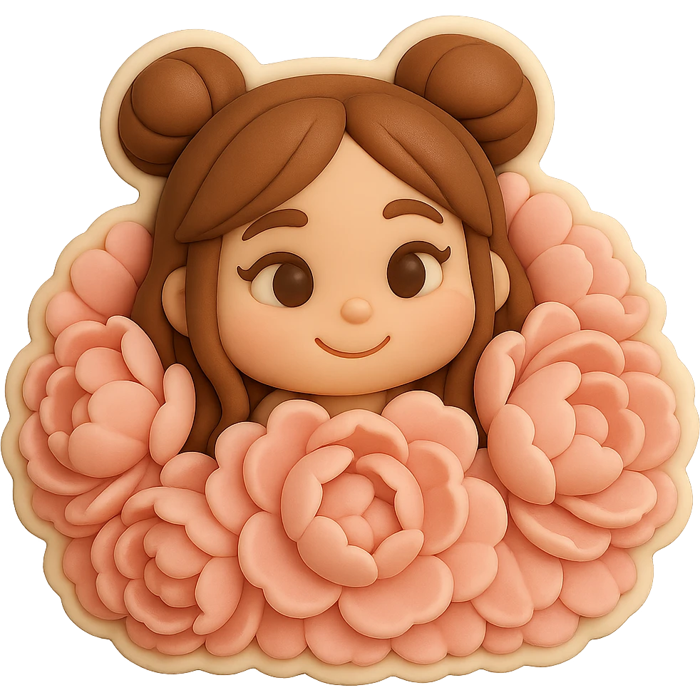 3D chibi fondant cake art style, high-quality rendering with smooth shadows and soft gradients. Girl based on reference image with preserved facial features and eye shape exactly as in the reference. Long brown hair in two space buns, brown eyes, thick white outline like a sticker, transparent background. Only her happy head peeks out from the very center of a huge, fluffy bush of soft pink peonies, petals almost completely surround her face. emoji