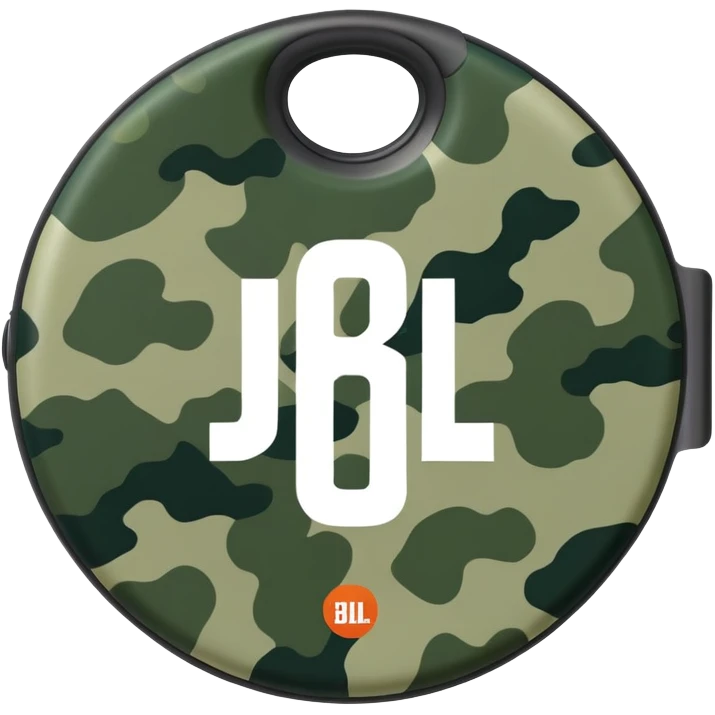 Most minimal JBL Clip 4 possible, flat circular design with clip, abstract green camo pattern, distinct JBL branding, iOS emoji style emoji