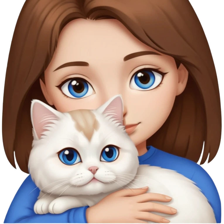 girl with brown hair, brown eyes cuddling a white persian cat that has blue eyes emoji