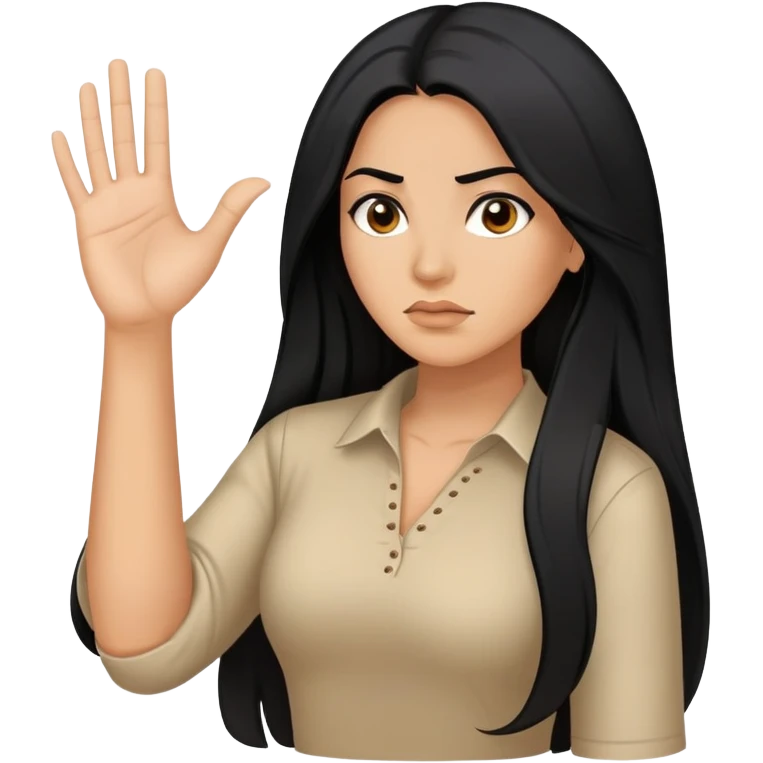 Hispanic woman with long hair, determined, one hand out motioning “no” emoji