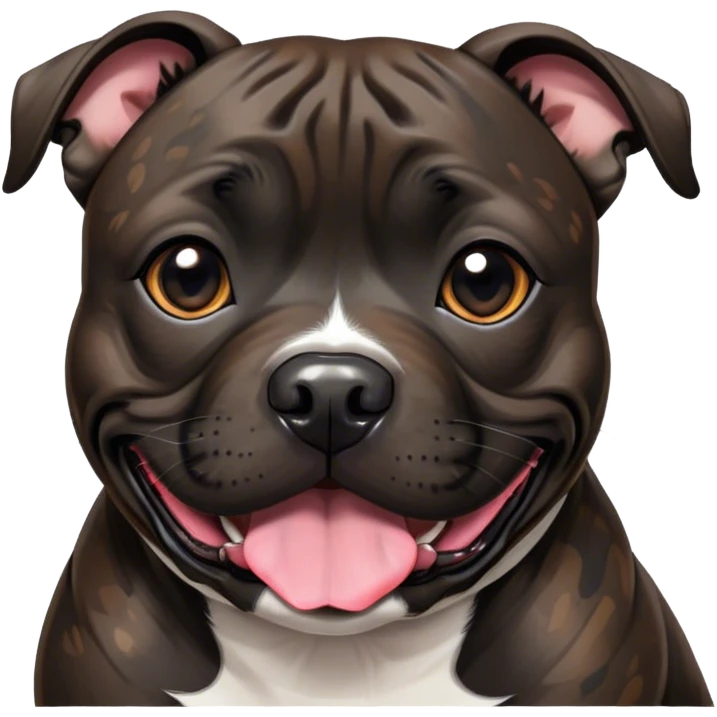 Cinematic Cute Black/Brindle Staffordshire Bull Terrier Portrait Emoji, Head tilted playfully and inquisitively, featuring a glossy Fur with a dynamic mix of black and brindle, round, sparkling dark eyes filled with curiosity, Simplified yet irresistibly adorable features, highly detailed, glowing with a warm, friendly glow, high shine, affectionate and spirited, stylized with a touch of whimsy, bright and endearing, soft glowing outline, capturing the essence of a mischievous yet loving pup, so playful it feels like it could bound out of the screen and into your arms! emoji