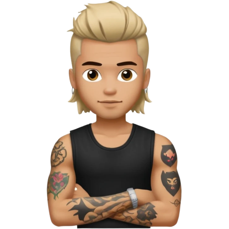 a pretty bratz guy with mullet and a sleeveless black top with tattoos on arm emoji
