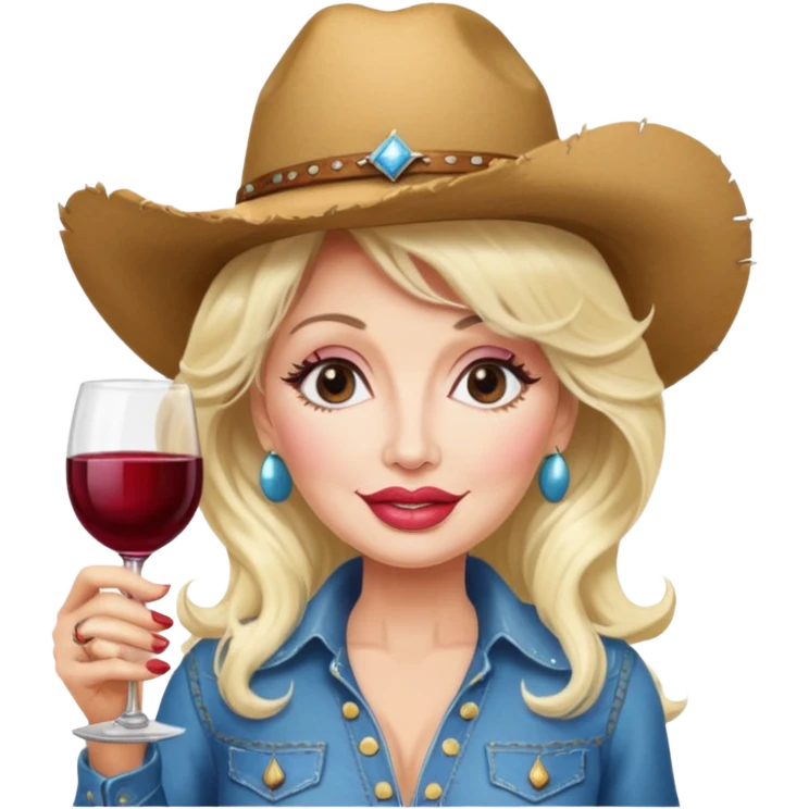 Dolly Parton with a huge glass of wine on a bachelorette trip and a cowboy hat and huge lips emoji