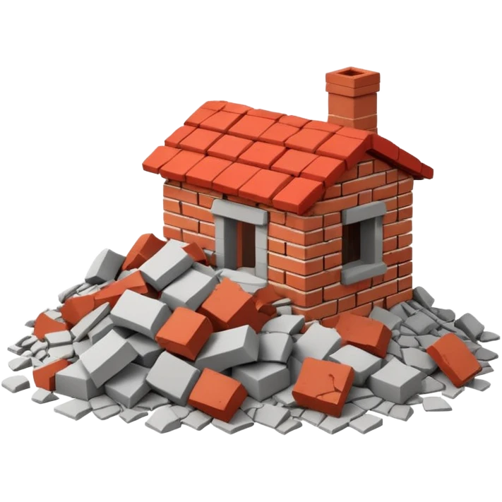 3D iPhone style emoji of a pile of bricks, roof pieces, and wall rubble, scattered and broken, isolated on white background, soft shadows, high detail, playful and cute emoji