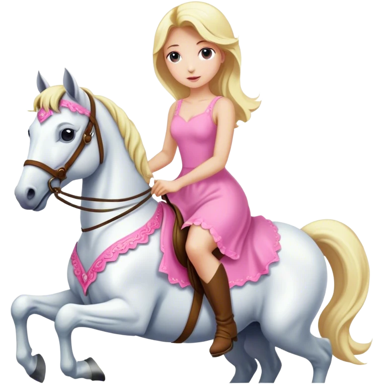 a blonde woman wearing pink dress and riding a white horse  emoji