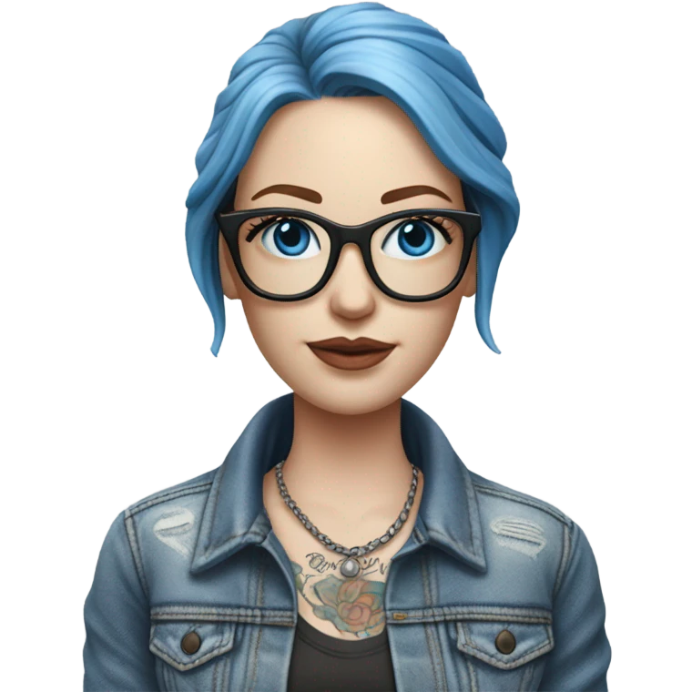 Create a Hyper Realistic pale beautiful tattooed 3D woman with glasses and blue eyes wearing denim jacket emoji