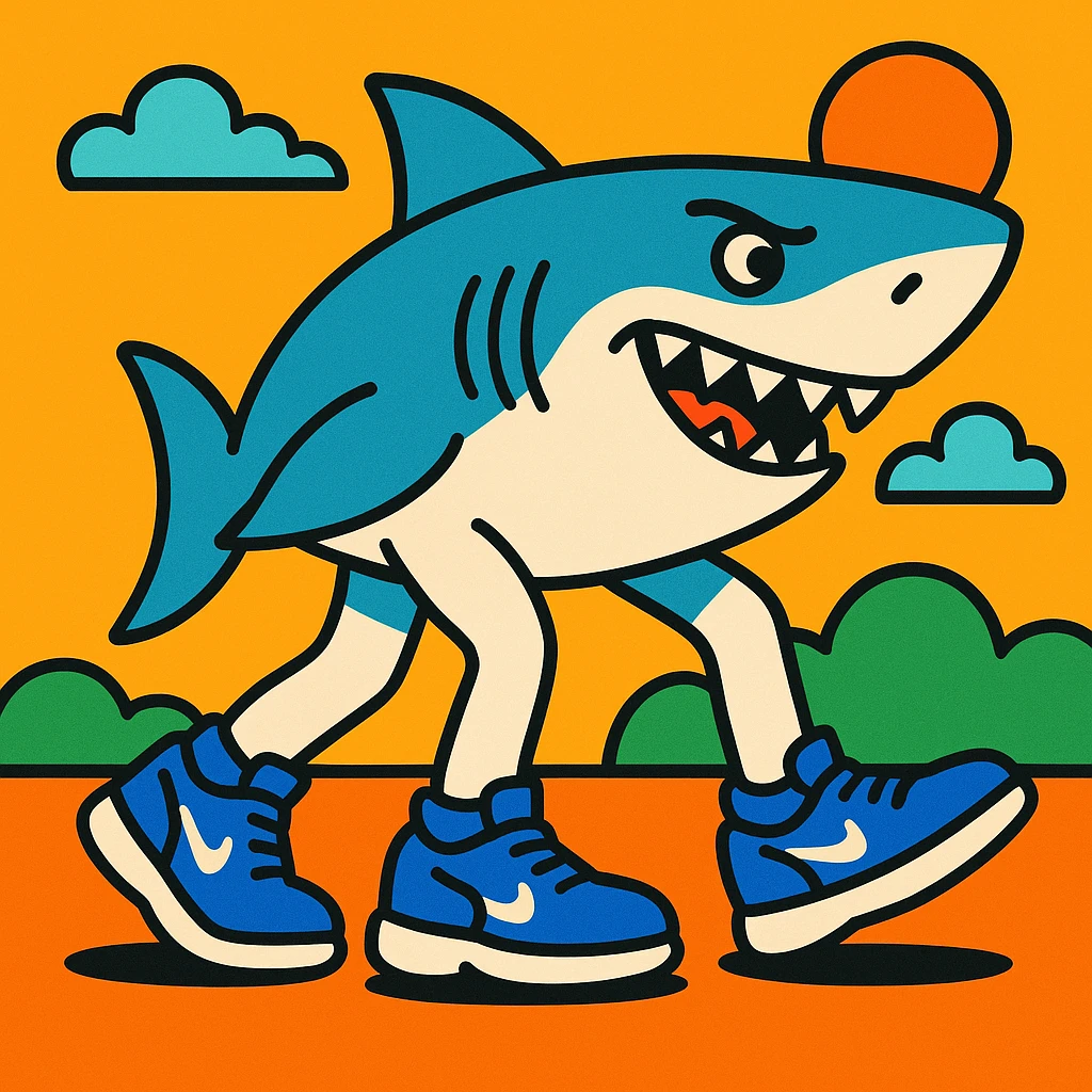 Tralalero Tralala, an Italian Brainrot character: a great white shark with three legs, wearing blue Nike shoes, vibrant cartoon style emoji