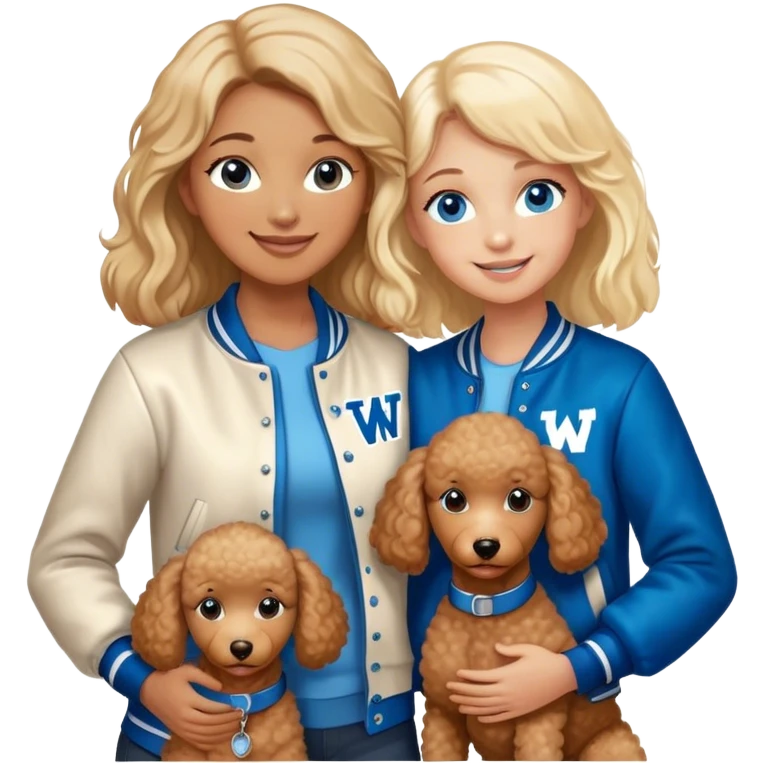 smiling mother in letterman jacket with W and Blue eyes, two Little girls Long blond straight hair and Blue eyes, one brown poodle puppie emoji