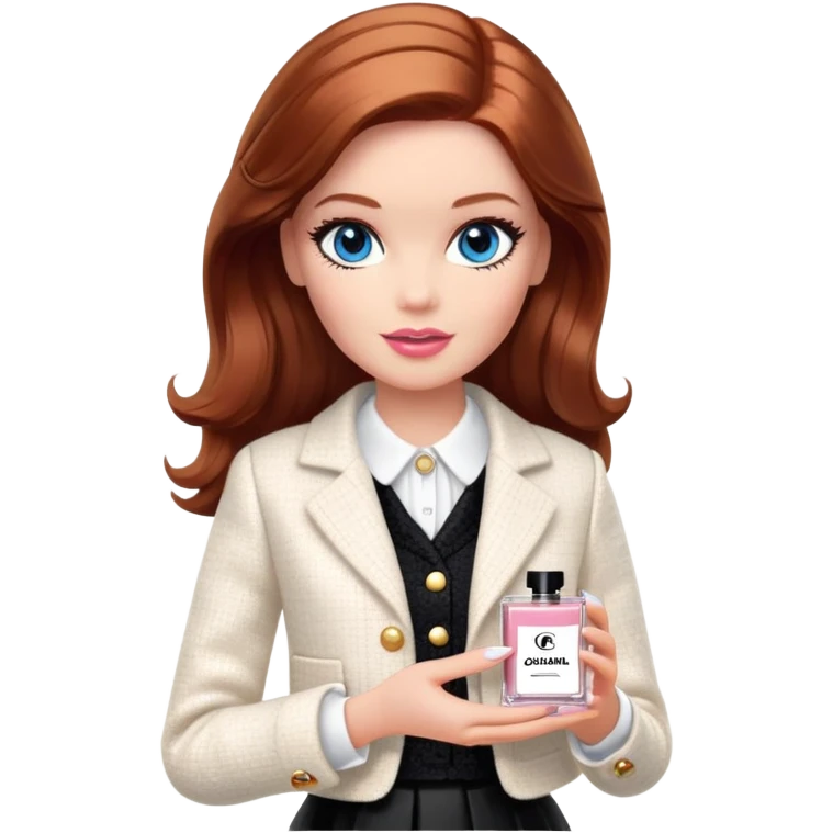 A Barbie girl with blue eyes, shoulder-length reddish-brown hair with makeup, wearing a white tweed jacket and a black skirt is holding Chanel cream in her hand emoji