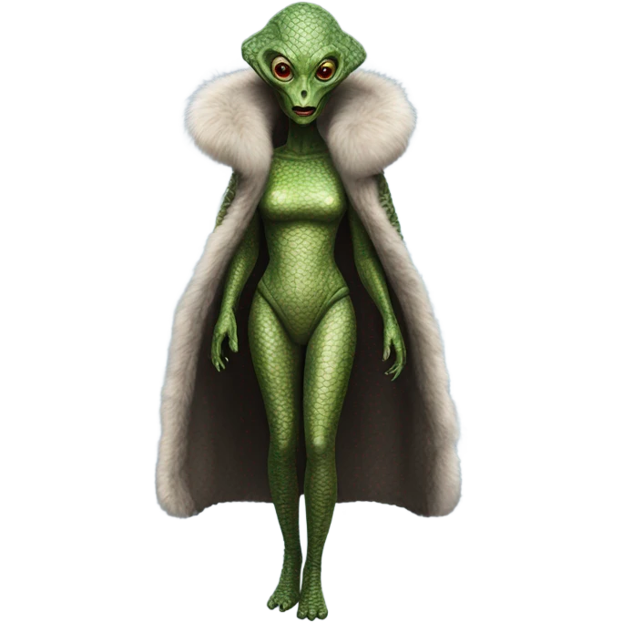a Reptilian alien woman, in fur coat, full body emoji