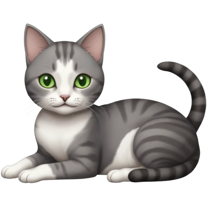 full body tiny short hair dark grey and white cat with white front legs and green  eyes lying down emoji