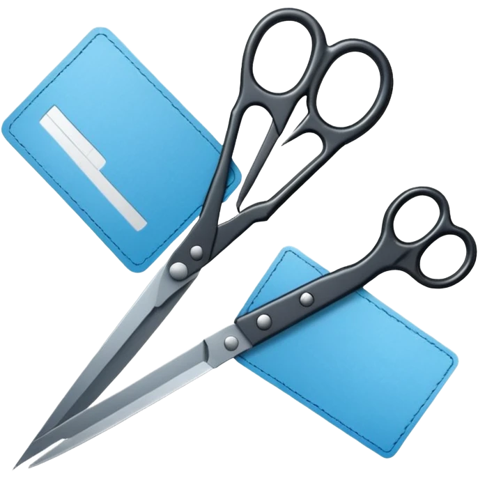 Floating black Scissors cutting a light blue military ID card in 2 parts .hyper realistic emoji