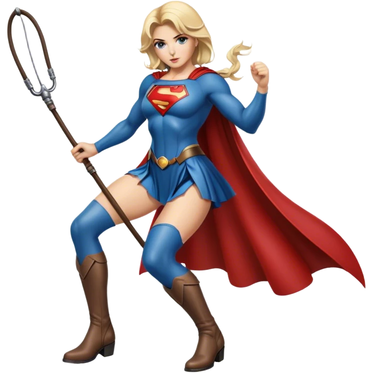 A stunning female Superman with blonde hair, leather boots and a whip in her hand. emoji