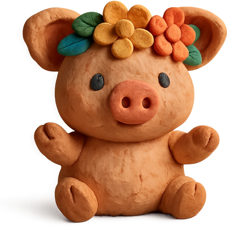 playful and cute piglet with a flower crown, textured look, claymation style emoji