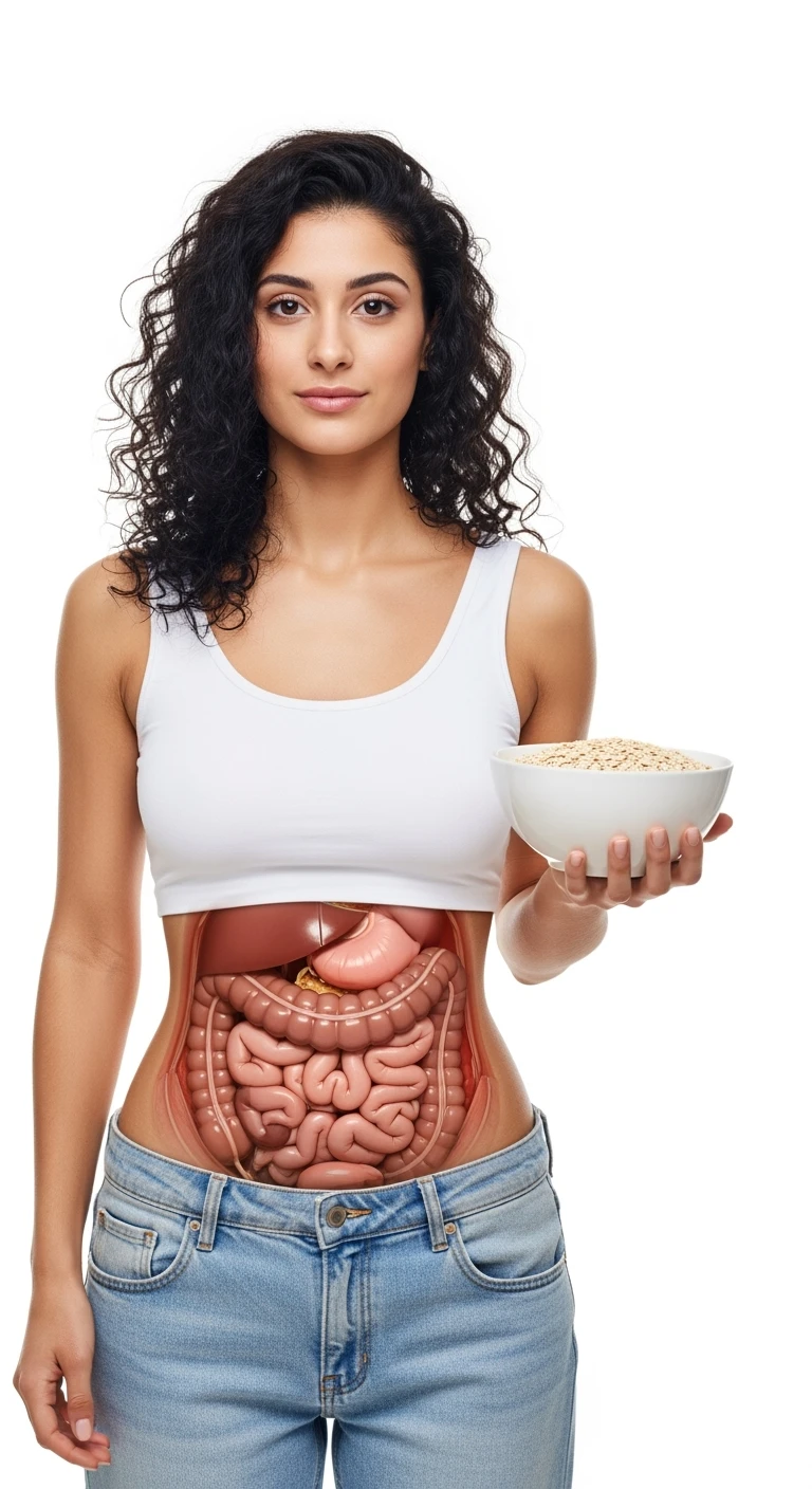 donna con bowl di avena in mano e intestino in evidenza, isolata su sfondo bianco emoji