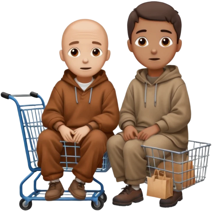 A man in oversized old clothes sat next to a shopping cart half body, looking around with gentle, hopeful eyes. emoji
