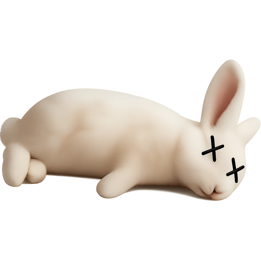 Remove the border and shadow under the dead rabbit, keep the rest of the image realistic. Add X's on the eyes to indicate death. No background, isolate the subject. emoji