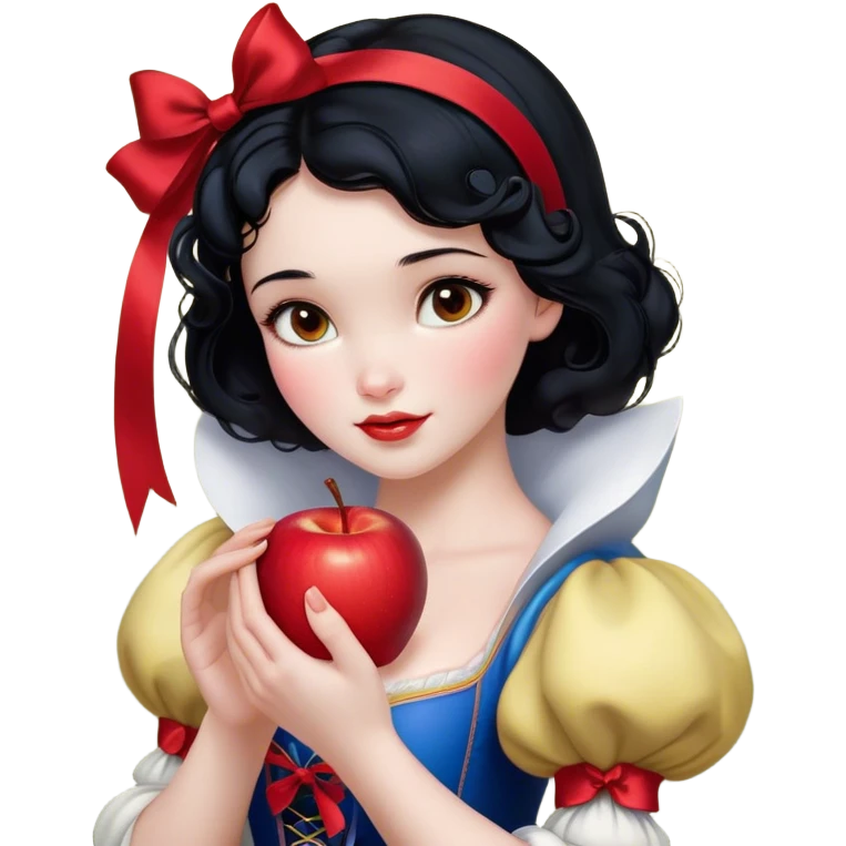 Cinematic Realistic Snow White Portrait, depicted with lifelike skin texture, soft natural lighting, and intricately detailed black hair styled with a red ribbon. Her soft brown eyes radiate innocence and kindness, complemented by a warm, gentle smile. She holds an apple in one hand, her other hand resting against her cheek, embodying her purity and charm. She is dressed in her classic yellow, blue, and red gown, the fabric rich in texture with delicate folds that catch the light beautifully. The portrait features a soft, natural glow with a radiant finish, capturing the essence of timeless beauty in a realistic and painterly style. emoji