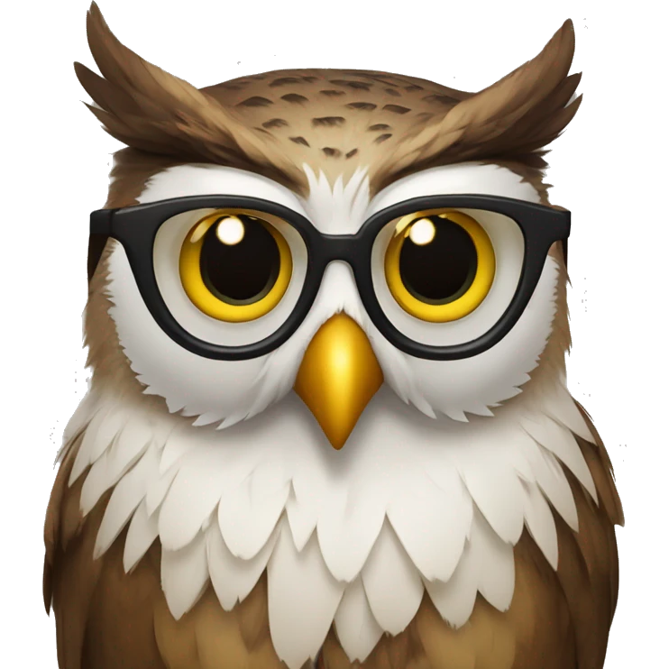 owl head with glasses and yellow eyes, brown and white feathers emoji