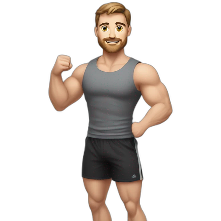 Full height realistic Actively gesturing with hands Pale skinned Fit Man With the biceps and brown hair in dark gray Sleeveless Mike, black oversize sports shorts, watch and white Sneakers emoji