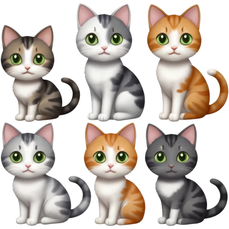 6 different coloured small cats including a dark grey and white, and a patchy calico, and a brown tabby and white,  and a completely solid dark grey with green eyes and only white paws emoji
