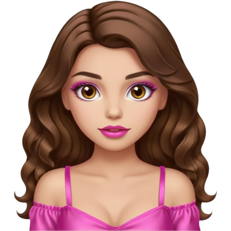 girl with long wavy brown hair, brown eyes, long lashes makeup, sexy pink lips, light to medium complexion, wearing a pink sexy top emoji