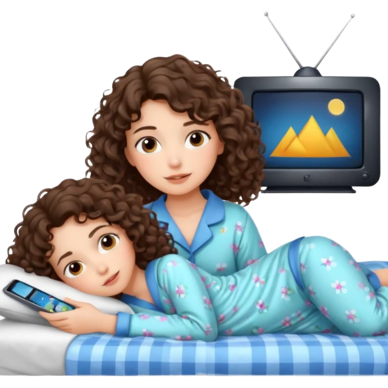 Draw a brunette girl with shoulder-length curly hair, lying on the bed watching TV.  emoji