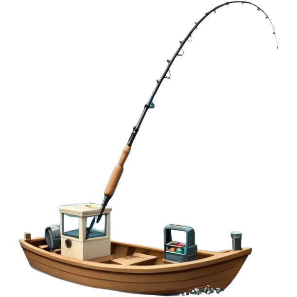 Icon for Fishing Travel: a boat on a calm lake surrounded by mountains and lush greenery, with fish jumping out of the water, a fishing rod, tackle box. The icon should capture the peaceful and adventurous nature of fishing trips. Transparent background. emoji