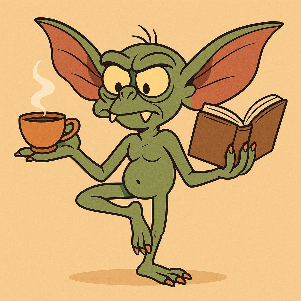 cartoon style gremlin with tea in hand, balancing in a yoga pose while reading a book emoji