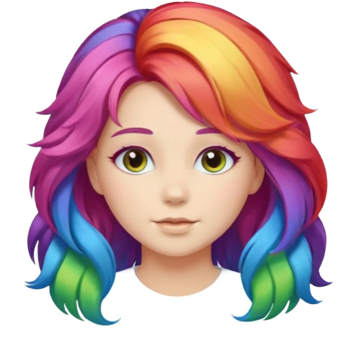 Young woman, fluffy voluminous hair in rainbow colors emoji