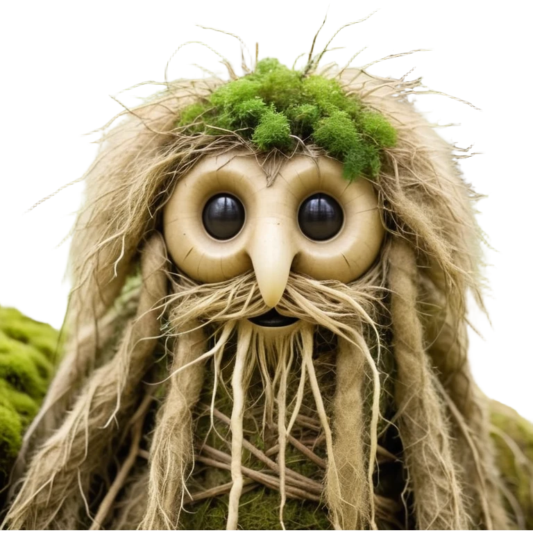 A mystical Slavic forest creature named "Lepetun", with fluffy, tangled fur like old hay, large uneven eyes made of straw and resin, a wide, crooked smile stitched like burlap, long root-like fingers, and a body shaped like a shriveled turnip. He wears tattered pieces of linen and bark, with moss growing on his back. The style is folklore-inspired, slightly grotesque but cute, highly textured, illustrated with soft lighting and muted autumn tones. Background: misty woods or old wooden hut. Expression: confused, rambling, friendly yet unsettling. Artistic style: painterly, digital illustration with traditional etching feel. emoji