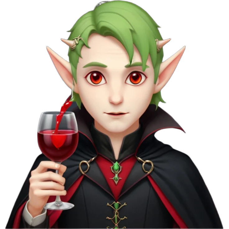 male elf vampire emoji, pale skin, red glowing eyes, long pointed ears, black high-collared cloak with red lining, holding a wine glass filled with red liquid, elegant Halloween fantasy look, smooth Apple emoji style, clean white background, square image emoji