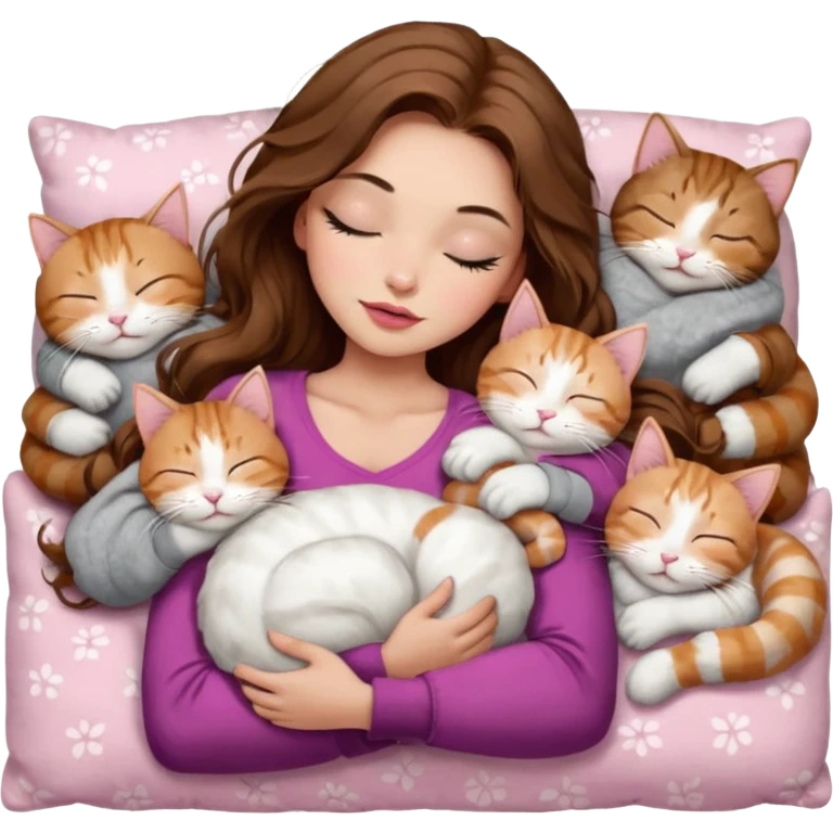 girl with long wavy brown hair, brown eyes, long lashes makeup, sexy pink lips, light to medium complexion,  sleeping on a cozy pillow, with 6 cats: 1 brown and white tabby cat, 1 ginger and white, 2 grey and white, 1 grey with white mittens and small white patch on chest and 1 calico, sleeping emoji