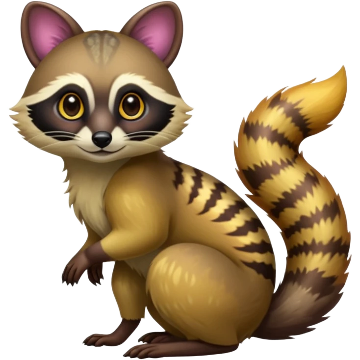 Colorful neon-colored tropical exotic shiny beautiful fantasy-Cacomistle-tanuki-genet-oncilla-animal-hybrid (full body) emoji