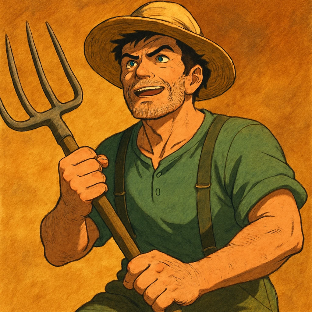 highly detailed illustration of a robust middle-aged farmer with sun-bleached face, black hair, strong jaw, furrowed brow, three-day beard, green trousers with suspenders, green T-shirt, straw hat, clutching rustic pitchfork, determined and excited, warm golden-brown textured background, bold lines, vibrant earth tones, dramatic lighting, rural America emoji