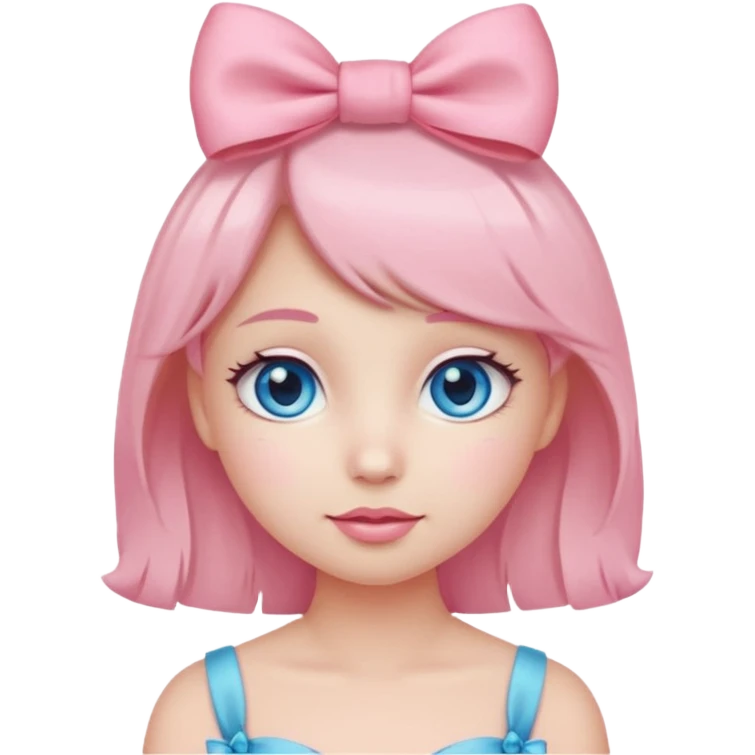 Cute coquette emoji, round face, big sparkling eyes, soft blush on cheeks, small pink bow on top of the head, pastel colors, simple vector style, transparent background


 emoji